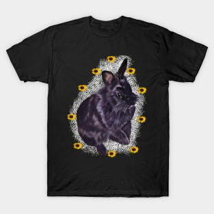 Cute fluffy bunny rabbit with sunflowers of summer - ebony colored coloured lionhead bunny rabbit with pink background T-Shirt